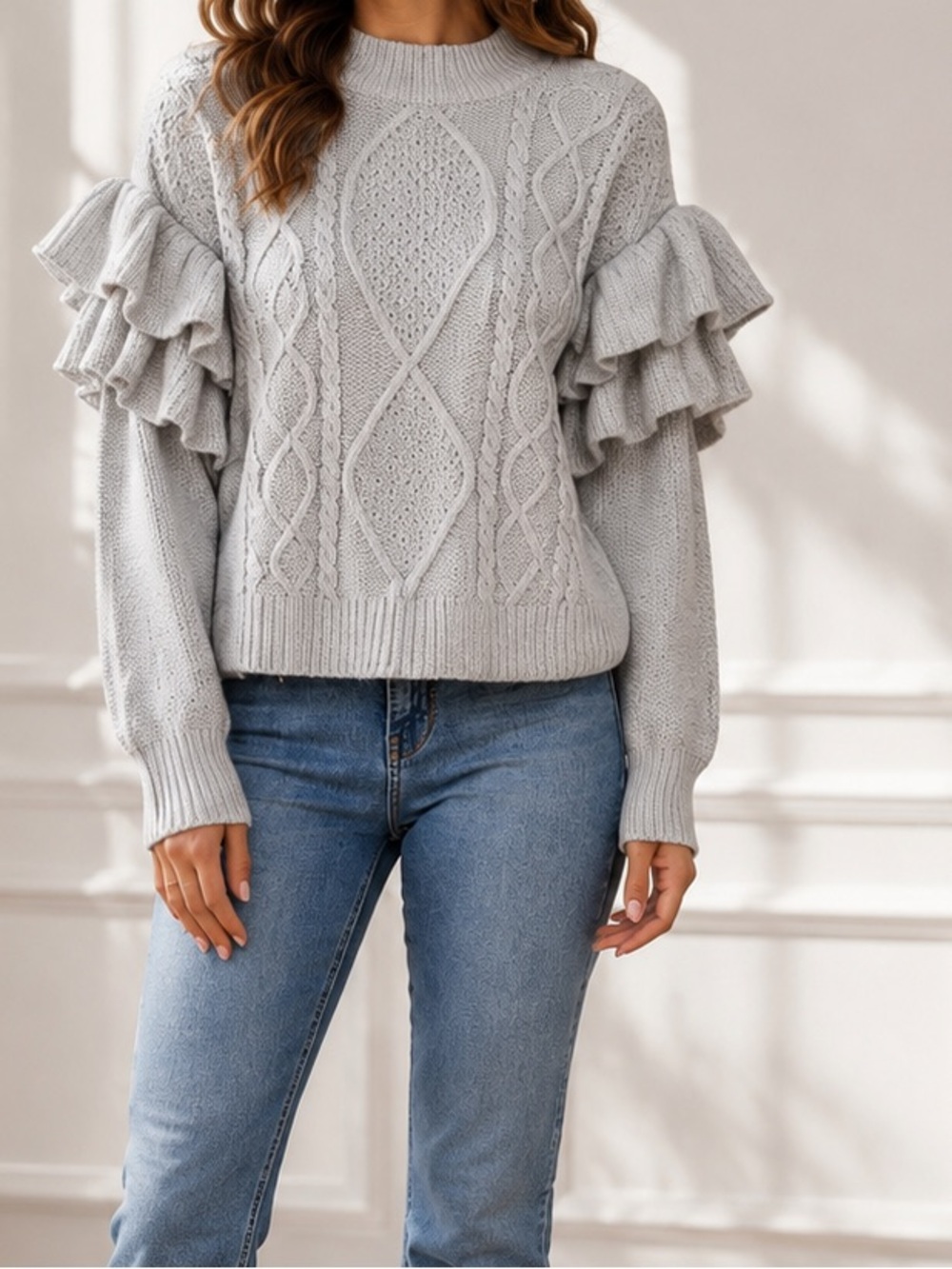 BB Dakota Ruffle Sleeve Cable Knit Sweater L Light Gray NWT